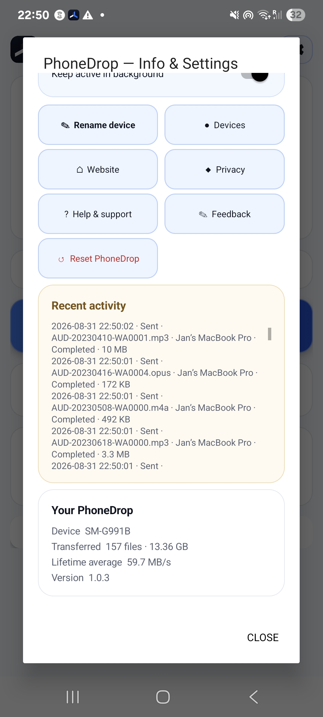 PhoneDrop: Recent activity