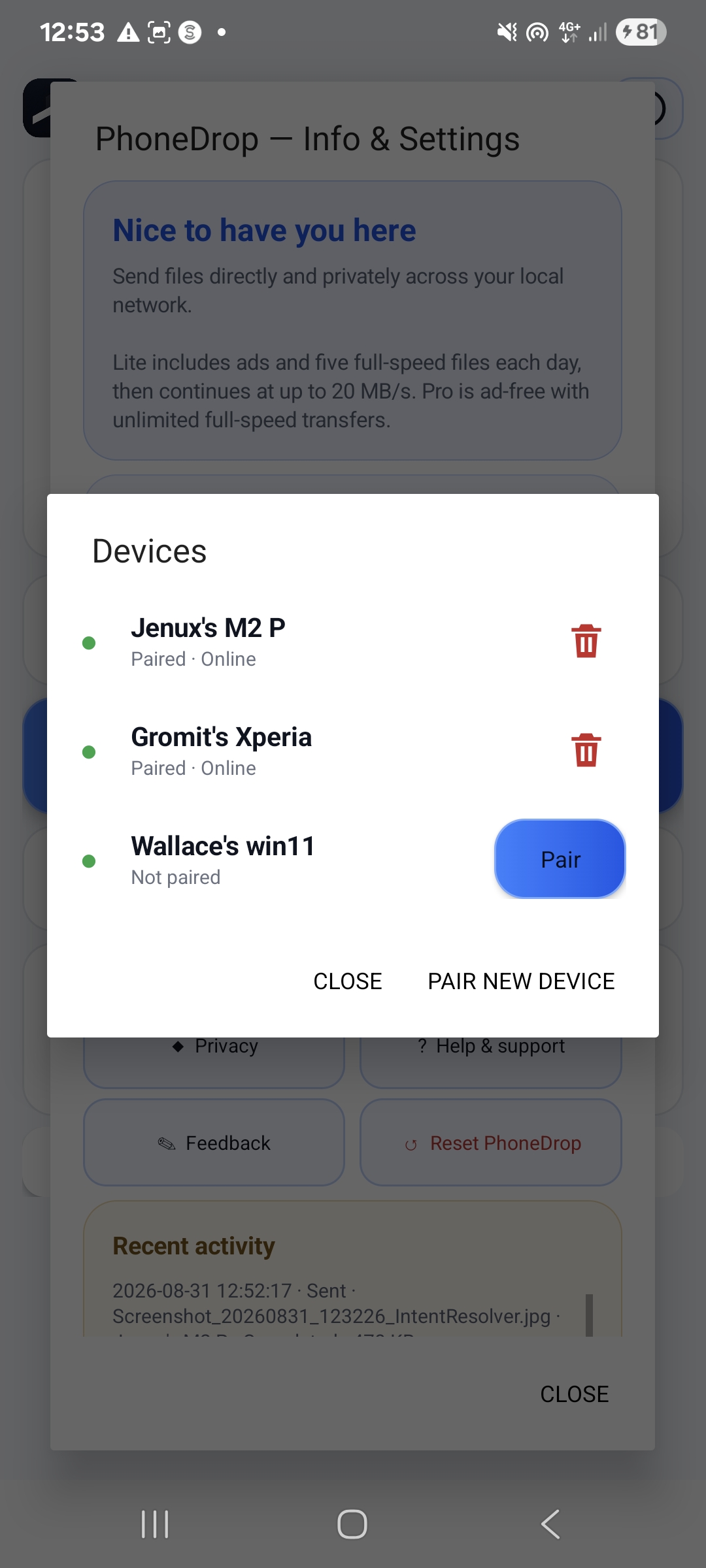 PhoneDrop: Nearby and paired devices