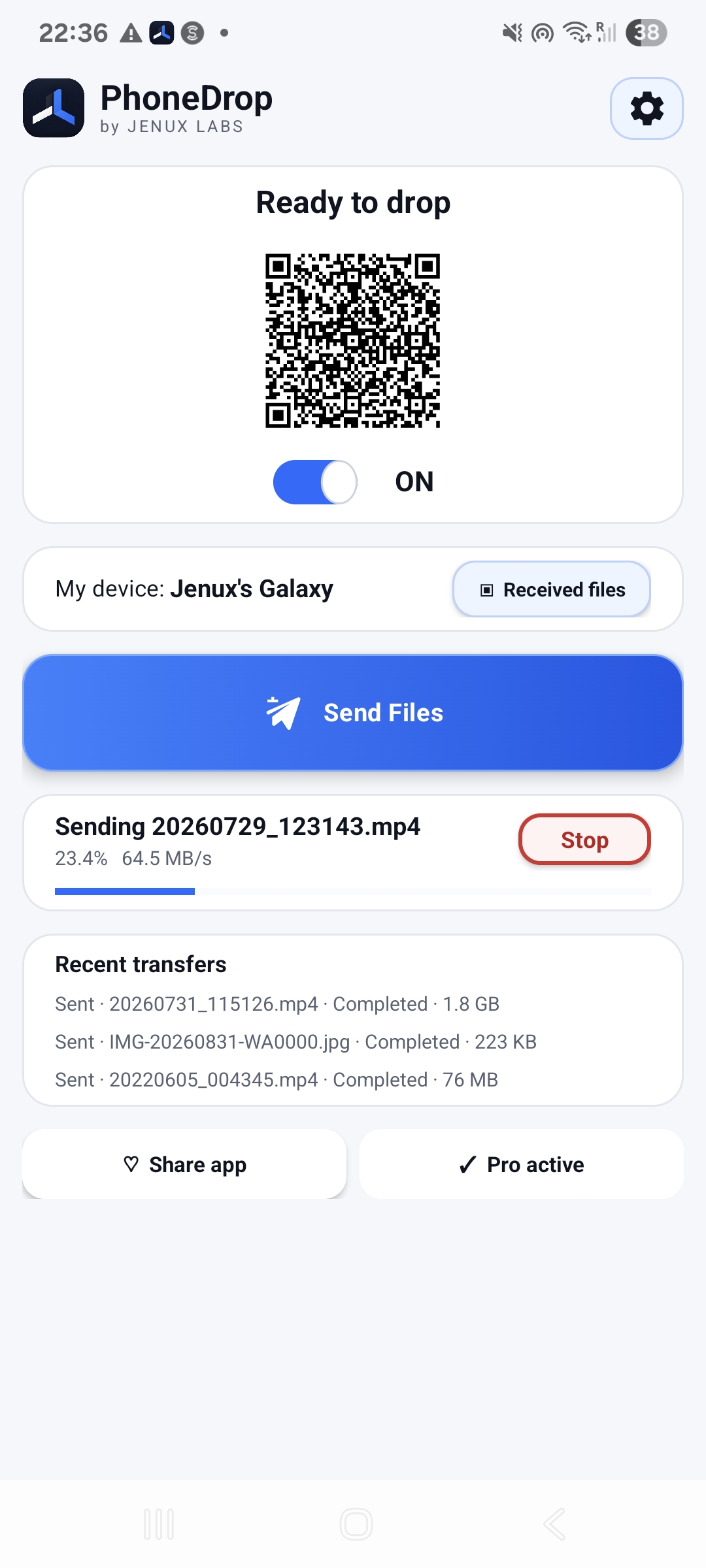 PhoneDrop file-transfer screen