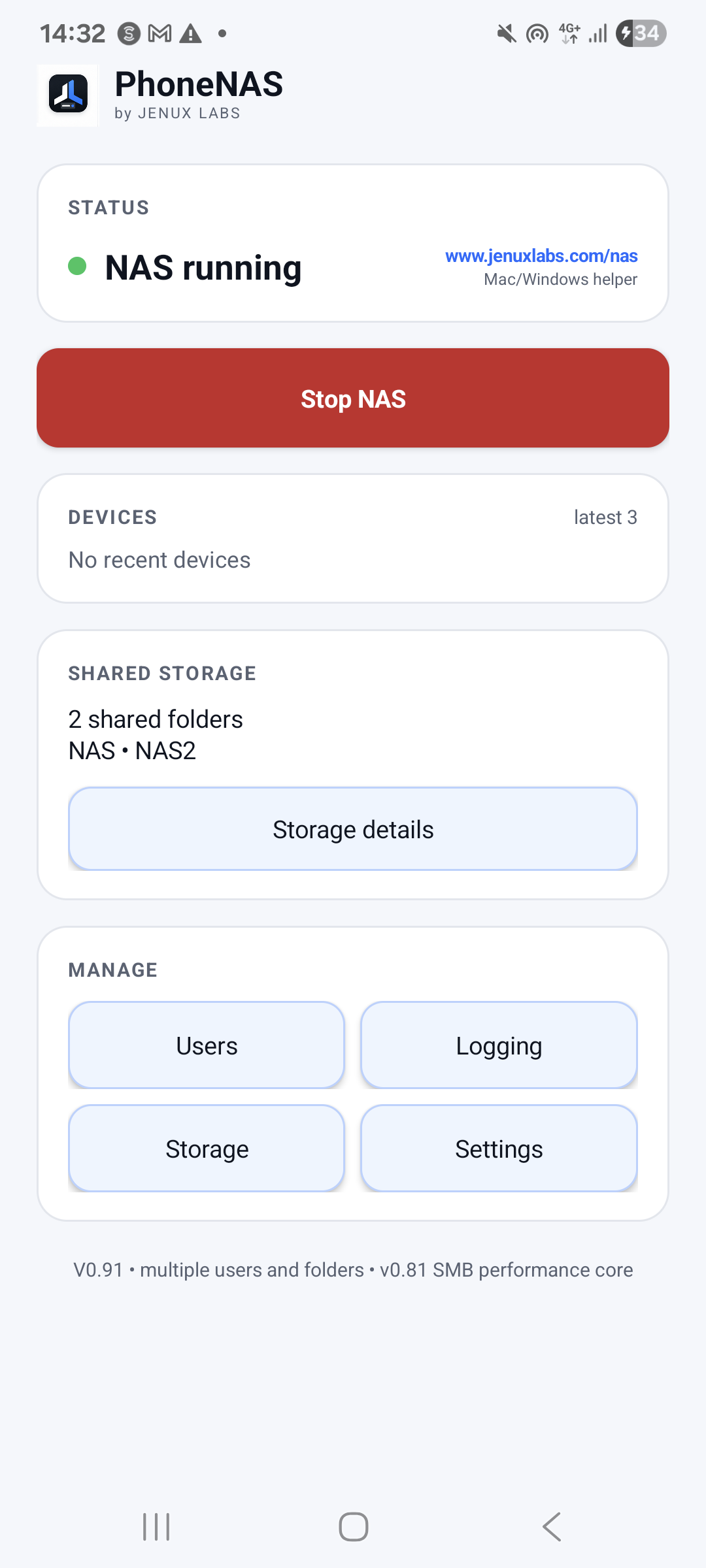 PhoneNAS network-storage screen